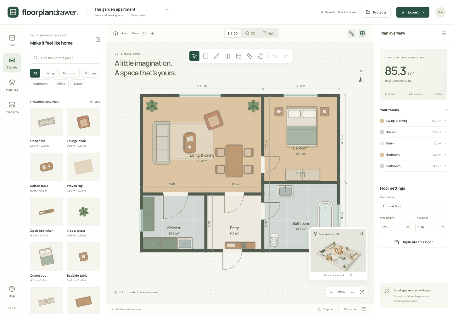 Blueprint-style floor plan with wall dimensions and room labels