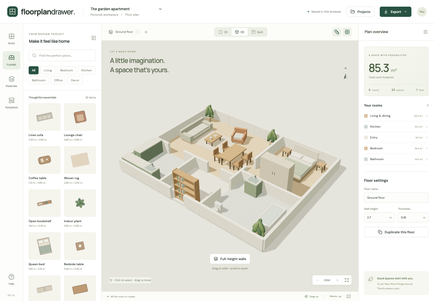 3D floor plan maker showing an apartment model with furniture and cutaway walls