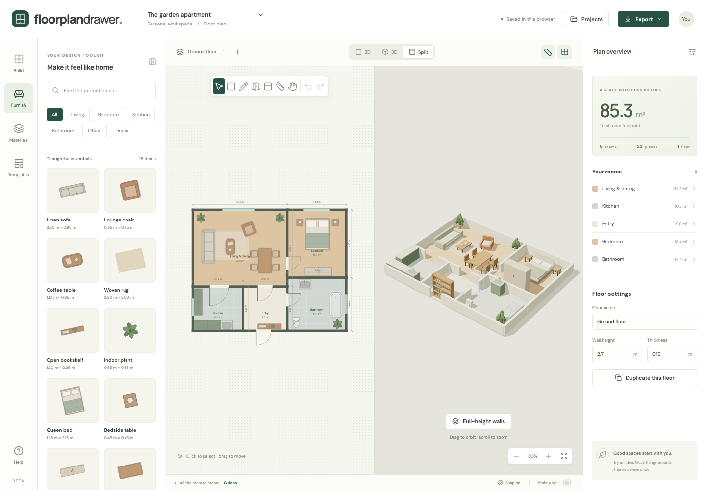House floor plan in split view: a five-room plan in 2D beside the same plan in 3D