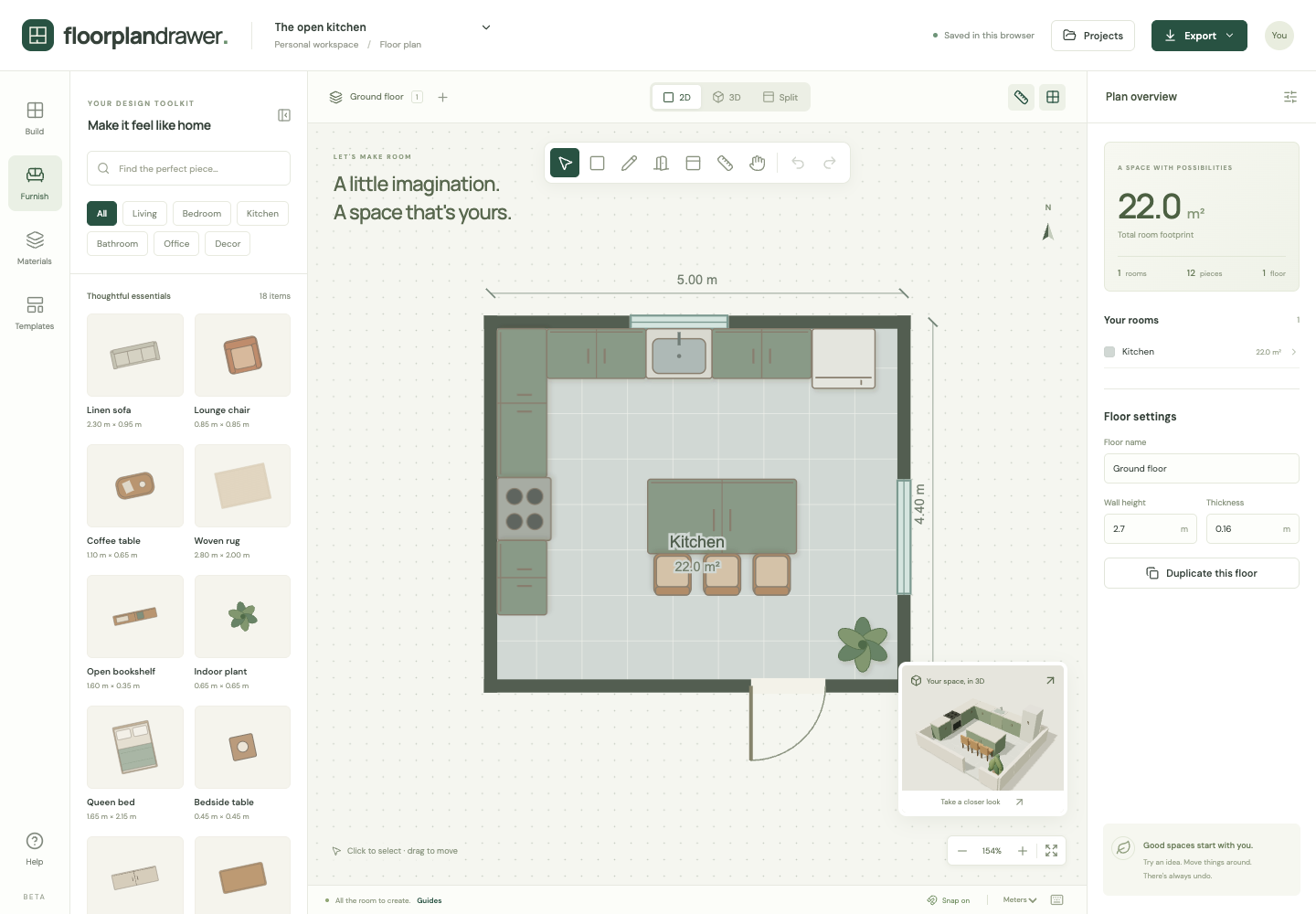 Kitchen layout planner with an L-shaped run of cabinets, a sink, refrigerator, range cooker and an island with seating