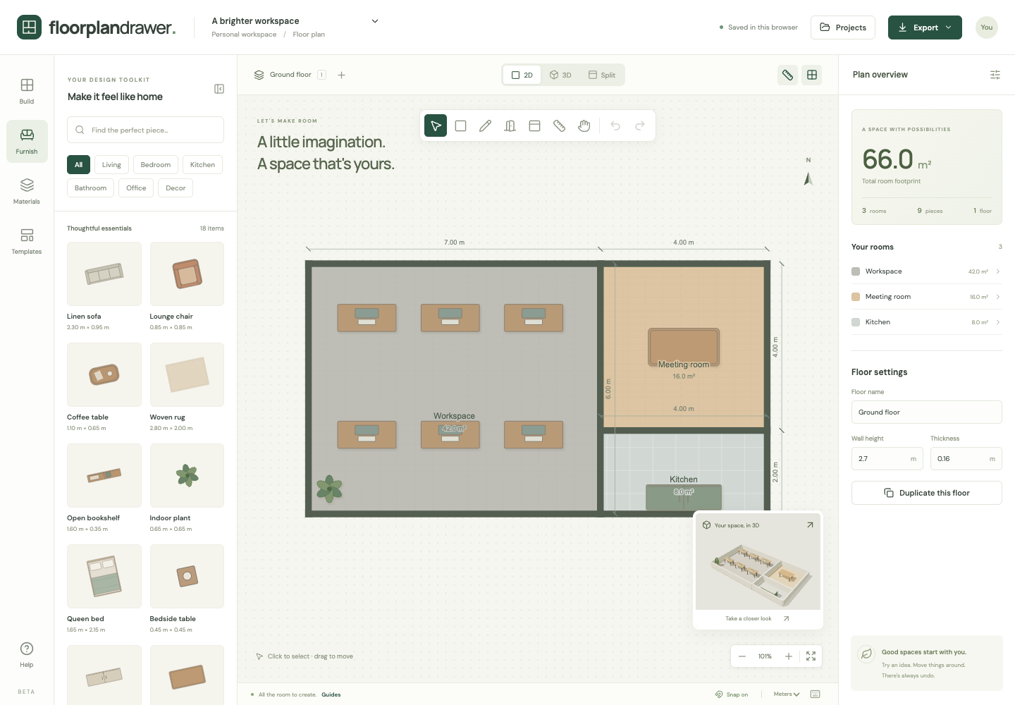 Office floor plan with six desks in a workspace, a meeting room and a kitchenette