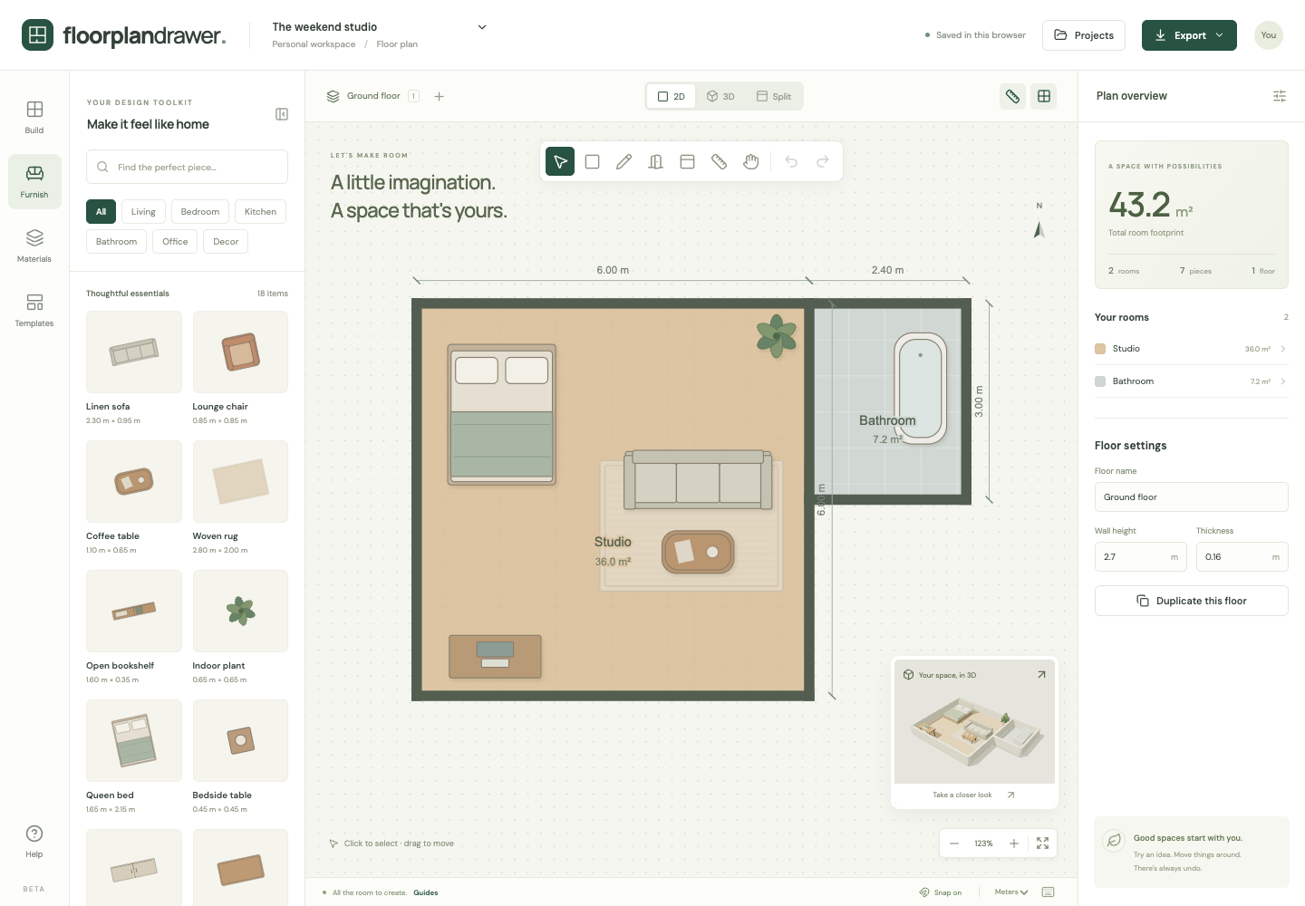 Room layout planner with a bed, sofa, desk and bath arranged in a studio apartment